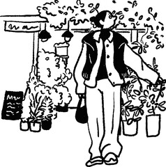 Woman Standing in Front of a Flower Shop Line Art Vector