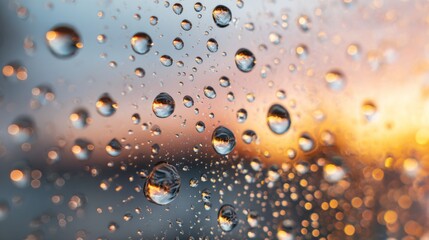 Fototapeta premium Close-up of water droplets on a glass surface, reflecting a beautiful sunset with vibrant hues.