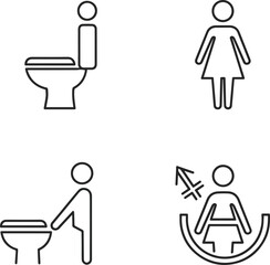 Isolated a kinds of deferent linear-style icon set for wayfinding and signage, featuring symbols like toilet, female, male, unsex pictograms vector art with white background..