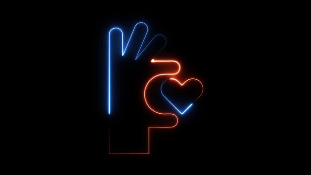 Neon hand gesture forming heart shape glowing blue and orange on black background abstract symbol love connection