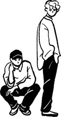 Two men standing and sitting, line art, vector