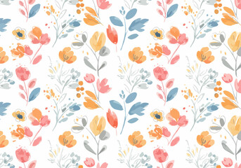 Create a seamless summer floral background with a spring garden theme using watercolor flower patterns. AI generated