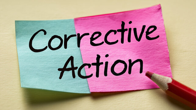 Corrective action note on beige background representing accountability responsibility performance improvement business process management and workplace