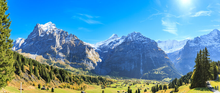 panoramic view of snow capped mountain First with valley in foreground in autumn, Grindelwald, Switzerland
