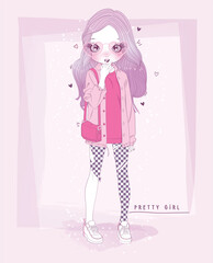A girl in a pink outfit and quirky accessories navigates a playful vibe, showcasing beauty, concept art, and the spirit of youth in a colorful and fun atmosphere.
