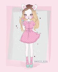 A charming girl wearing bunny ears holds an ice cream cone, dressed in a pink dress that embodies sweetness and innocence, making it a delightful and cute illustration.