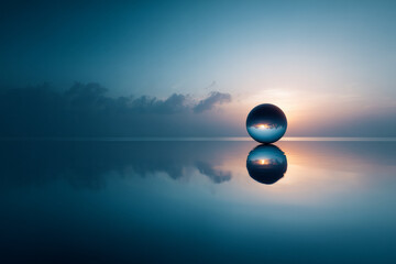 Dreamy sunset reflected in glass orb over tranquil water, perfect for inspiring mindfulness and peaceful contemplation, bringing a sense of calm and wonder