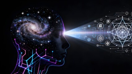 An abstract, futuristic image featuring the silhouette of a human head. The inside of the head contains a vibrant, colorful representation of the cosmos with stars and nebulae.