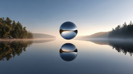 Reflections on a serene morning lake with a mystical orb, a stunning landscape evoking peace and tranquility, ideal for wellness and mindfulness campaigns