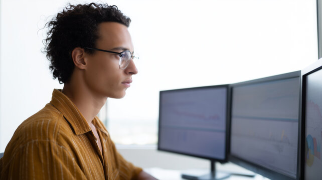 Business analyst focused on reviewing inventory management data on multiple computer monitors in modern office, wearing glasses and casual shirt, working with concentration