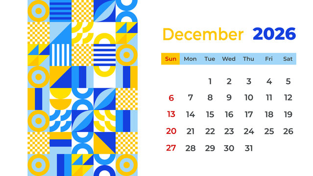 December 2026 calendar template with beautiful Blue - Yellow geometric design