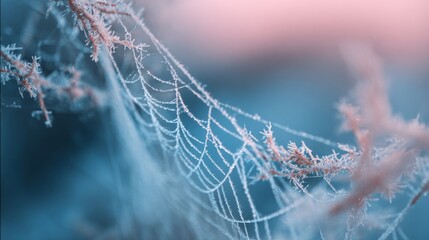 A close-up of a frost-covered spider web glistening in the morning light, showcasing intricate patterns and a serene winter atmosphere.
