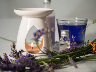 Fresh lavender flowers for aromatherapy with oil burner and tea light candle 