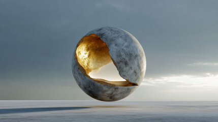 Stunning abstract sphere with golden interior against moody sky, a powerful visual metaphor for potential, creativity, and breaking boundaries in surreal art