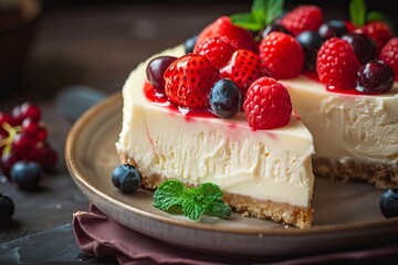 Delicious cheesecake slice garnished with a mix of fresh berries, creating a vibrant and tempting dessert