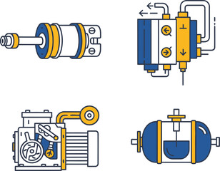 Fluid Power Systems Icons Hydraulic Cylinder Pneumatic Valve Pump Accumulator.