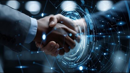Disruptive technologies market AI innovation. Blockchain investment. 5G. IoT. Two hands shaking with a digital technology background. - Powered by Adobe