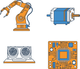 Robotics and Automation Icons Robotic Arm Servo Motor Sensor Circuit Board.