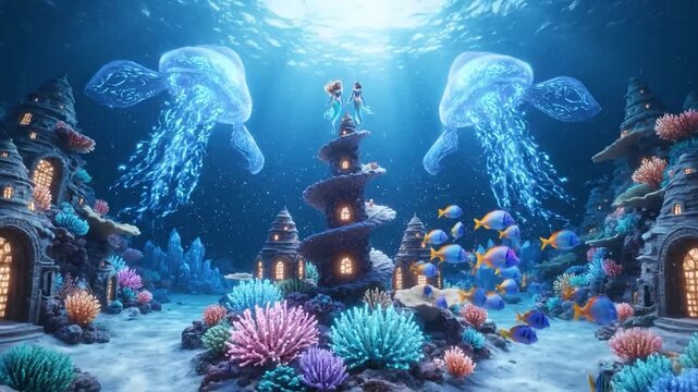 Underwater scene with mermaid fantasy coral reef and crystalline archway