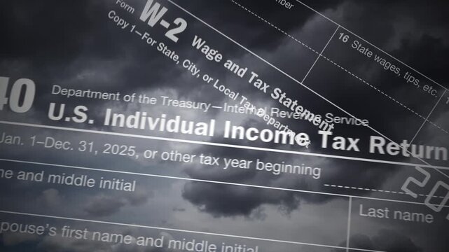 2025 IRS Income Tax Documents with Dark Clouds Animation