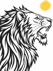 Minimilist illustration of a roaring lion with detailed mane and a yellow circle in the upper right corner vector
