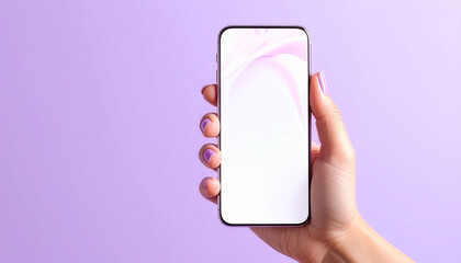 Female hand holding smartphone with blank screen on purple background