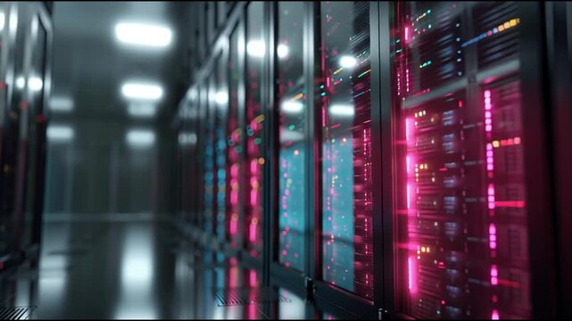 Disruptive technologies market AI innovation. Blockchain investment. 5G. IoT. A corridor of colorful server racks in a data center. - Powered by Adobe