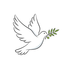 Obraz premium Graceful white dove flies carrying olive branch symbol of peace and hope in clear sky