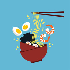 A vibrant, flat-style illustration depicts a red ramen bowl with noodles, shrimp, and eggs energetically splashing out against a simple blue background.