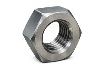 Hexagonal metal nut fastener with internal thread on transparent background