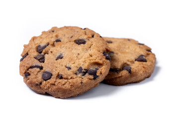 Baked chocolate chip cookies isolated on white background