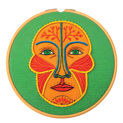 Vibrant embroidered artwork presents a stylized human face, showcasing anatomical details in vivid colors, perfect for medical or artistic educational resources