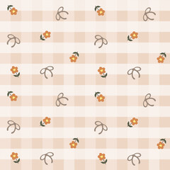 Vector pattern of fabric, wallpaper, wrapping paper, mats and bed sheets. Continuous and repeating pattern designed with flowers and bows on a plaid background. Cute style.