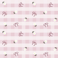 Vector pattern of fabric, wallpaper, wrapping paper, mats and bed sheets. Continuous and repeating pattern designed with flowers and bows on a plaid background. Cute style.