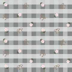 Vector pattern of fabric, wallpaper, wrapping paper, mats and bed sheets. Continuous and repeating pattern designed with flowers and bows on a plaid background. Cute style.