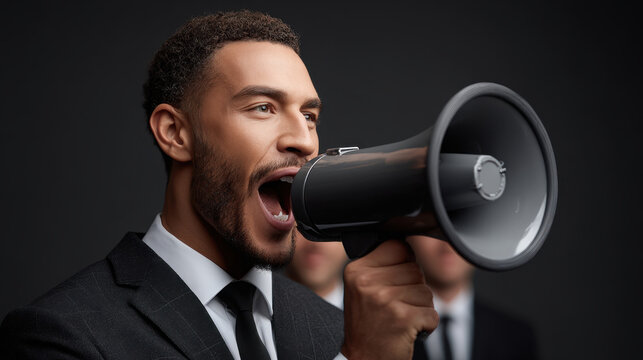 Man with megaphone speaking passionately in business suit announcing message confident leader