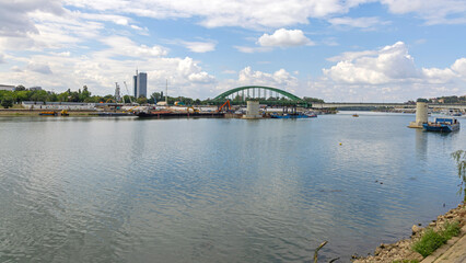 Green Arch Bridge Removal Site at Sava River in Belgrade Serbia Summer Day
