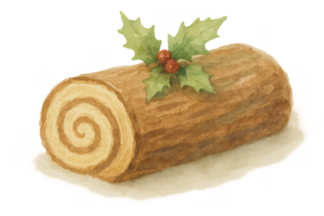 Yule log cake with cream filling and holly berries, traditional christmas dessert, watercolor painting