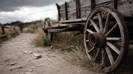 Weathered old wagon wheel rests beside a dirt path on an overcast day