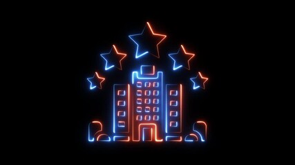 Glowing neon hotel building with five stars in blue and orange light on black background abstract animation luxury