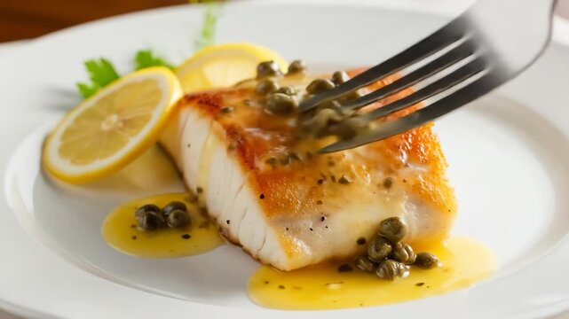 Elegant fish fillet, citrus, and capers plating presentation on white dish