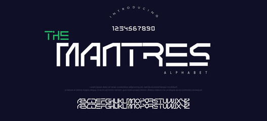 Font digital cyber alphabet with point, trendy letters A, B, C, D, E, F, G, H, I, J, K, L, M, N, O, P, Q, R, S, T, U, V, W, X, Y, Z and numerals 0, 1, 2, 3, 4, 5, 6, 7, 8, 9.