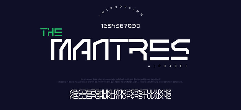 Font digital cyber alphabet with point, trendy letters A, B, C, D, E, F, G, H, I, J, K, L, M, N, O, P, Q, R, S, T, U, V, W, X, Y, Z and numerals 0, 1, 2, 3, 4, 5, 6, 7, 8, 9.