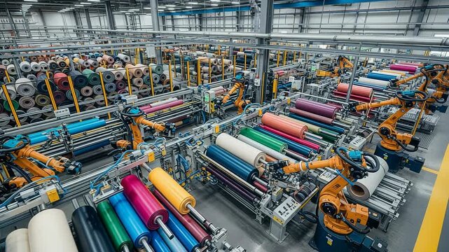 Automated factory floor efficiently cuts and stacks colorful vegan leather rolls using advanced robotic arms.