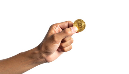 A hand holding a golden bitcoin