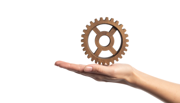 A hand delicately holding a gear, symbolizing industry and process 