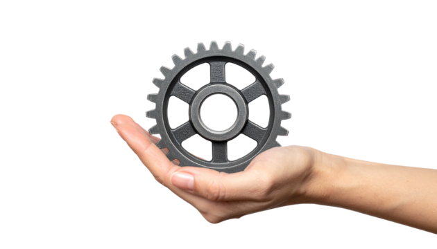 A hand holding a gear, symbolizing teamwork and collaboration. The gear is grey with an intricate design, and the hand appears to be supporting it. 