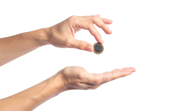 A human hand holding a coin, ready to be dropped into another hand