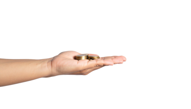 Hand holding golden coins in offering gesture, a symbol of wealth, savings, and financial security