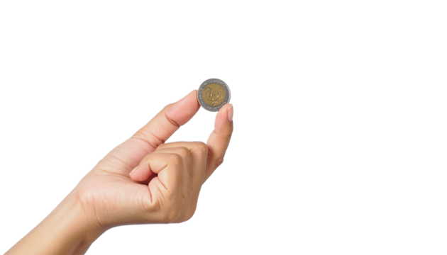 A hand holding a coin
